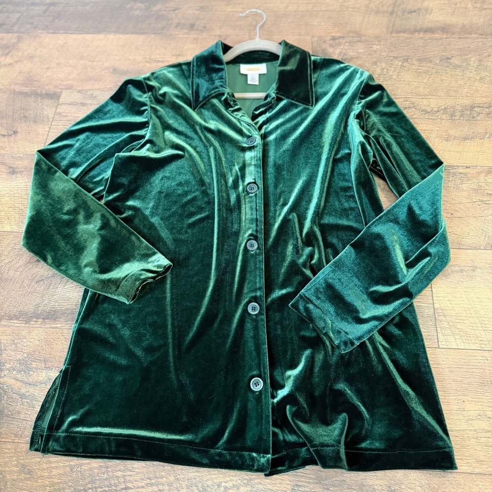 Talbots Womens Green Velvet Button Down Shirt Long Sleeve Emerald Top Size M